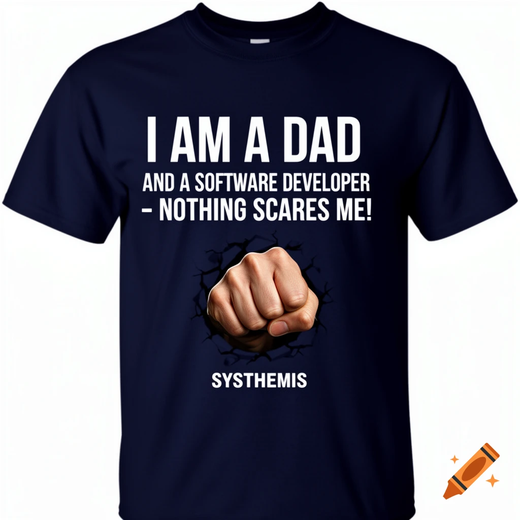 Navy blue t-shirt with white text 'I AM A DAD AND A SOFTWARE DEVELOPER - NOTHING SCARES ME!' and a fist breaking through the fabric. 'SYSTHEMIS' is below.