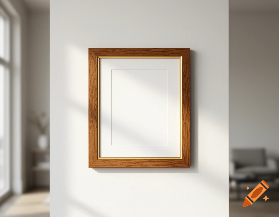 An empty wooden picture frame with a gold trim hangs centered on a white wall in a softly lit room.