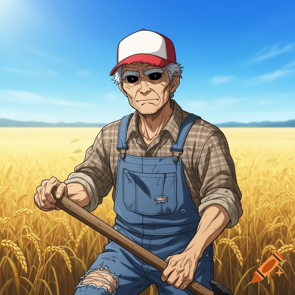 Anime style old farmer with black eyes, a red and white hat, and ripped overalls, standing in a golden wheat field under a blue sky.