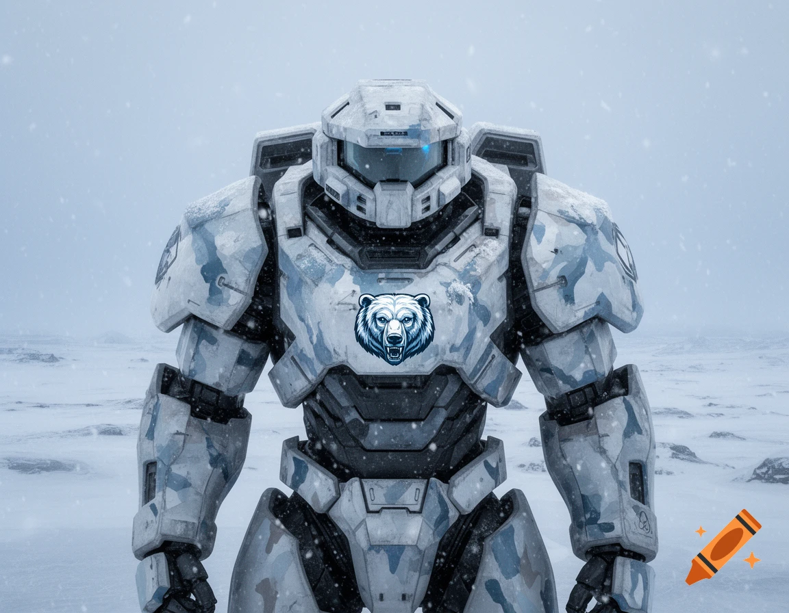 A large robot in white and grey camouflage armor with a bear emblem stands in a snowy landscape.