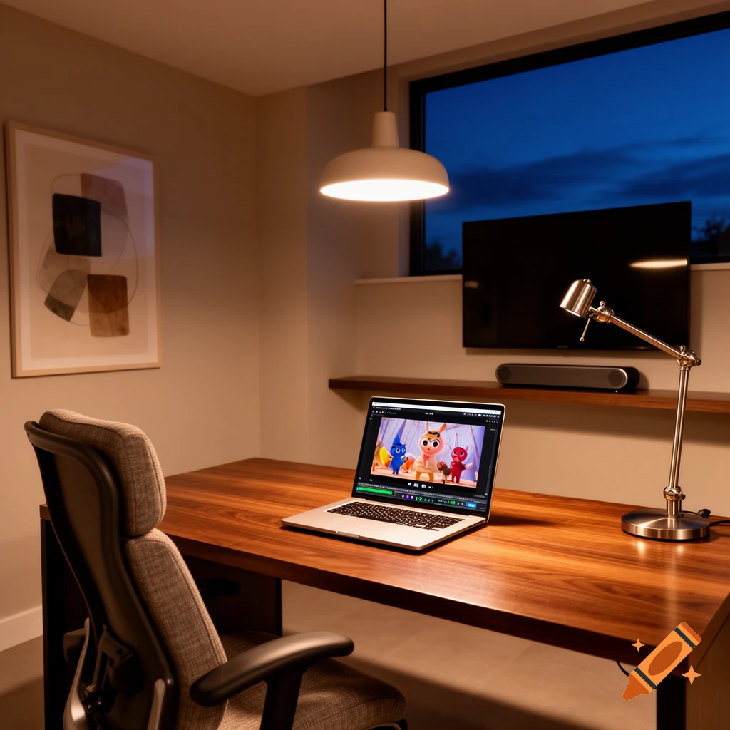 A cozy home office at dusk with a laptop on a wooden desk showing a cartoon. A modern pendant light hangs above, and a TV is on the wall.