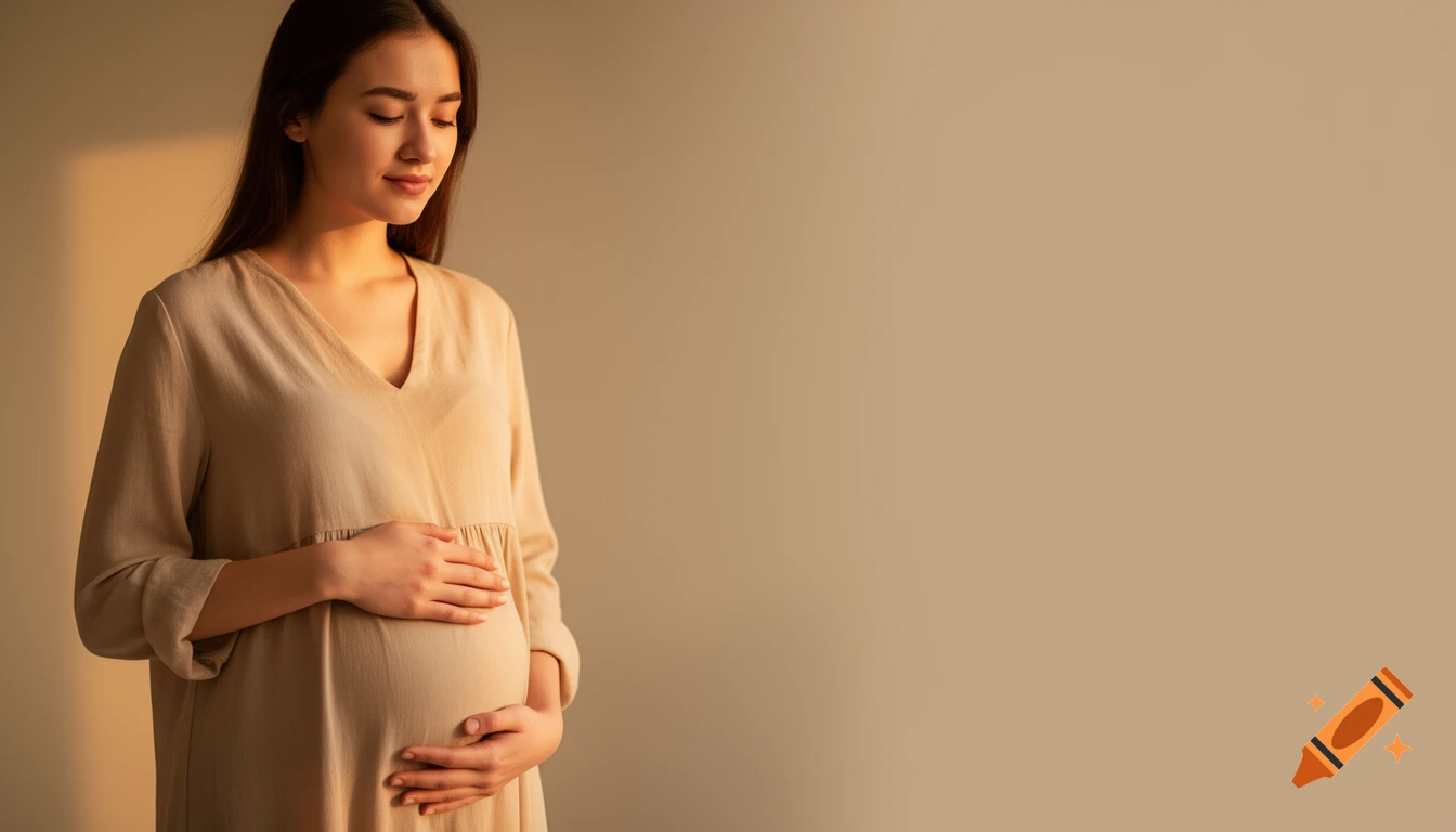 Serene pregnant woman gently holding her belly in soft golden light, looking down. Photorealistic portrait.