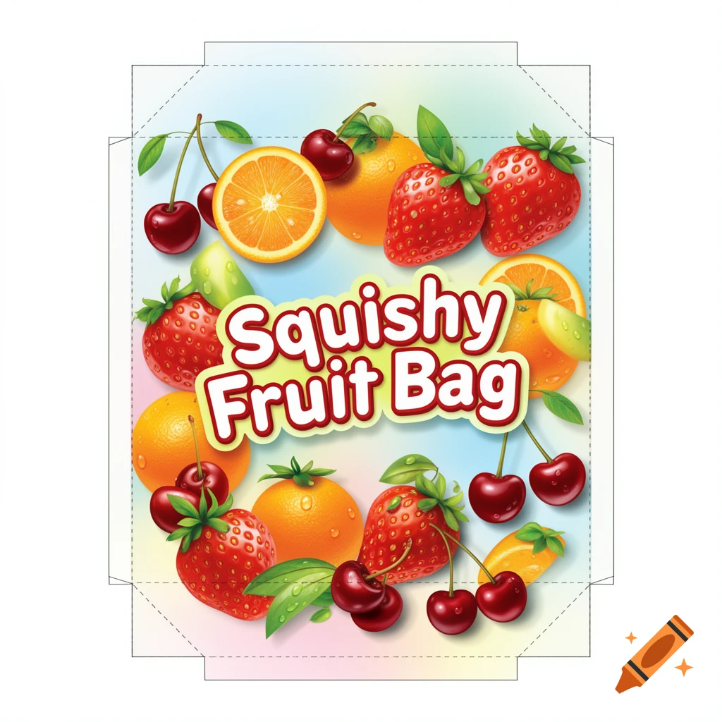 A colorful paper template for a "Squishy Fruit Bag" with illustrations of strawberries, cherries, and oranges.