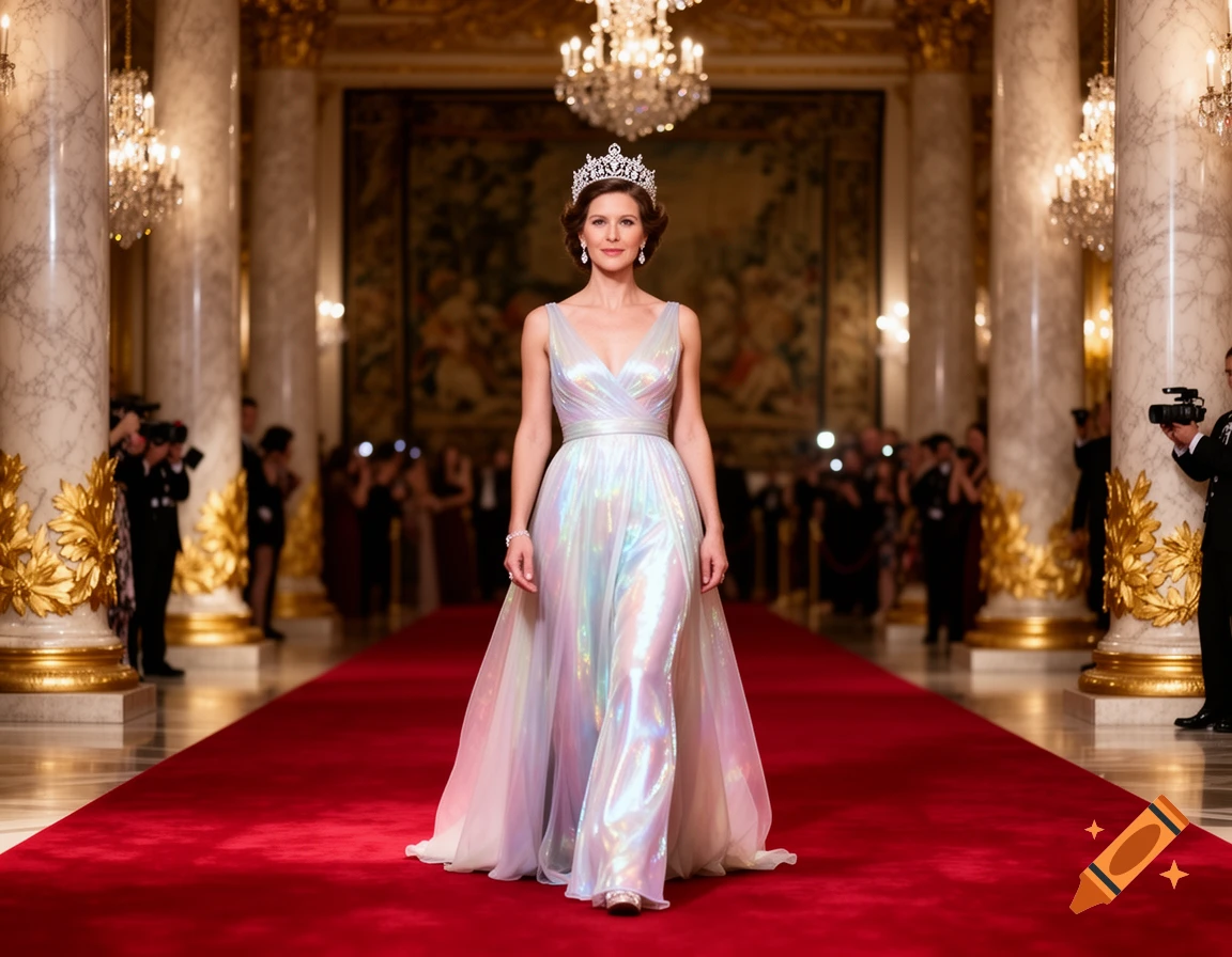 A woman in a shimmering gown and tiara walks on a red carpet in a grand, opulent hall.