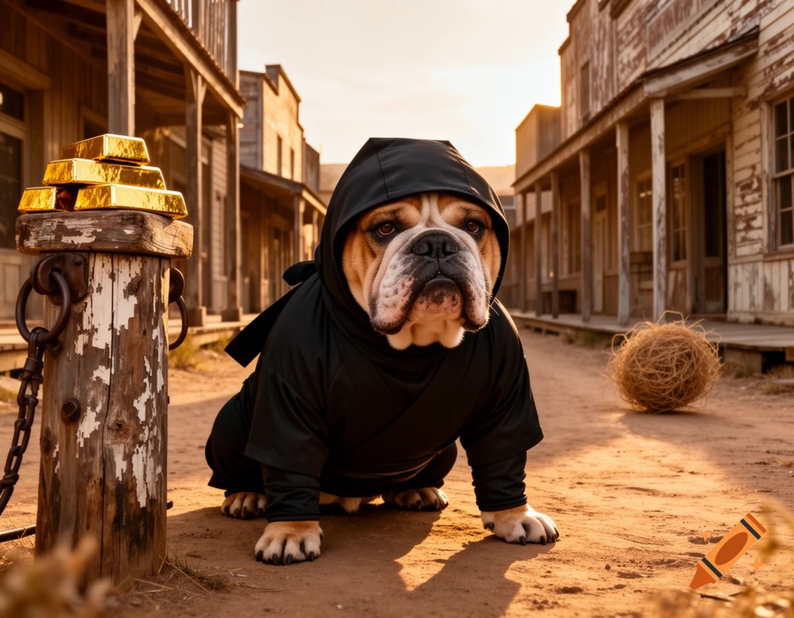 A bulldog dressed as a ninja sits next to gold bricks in a dusty old Western town at sunset, photorealistic.