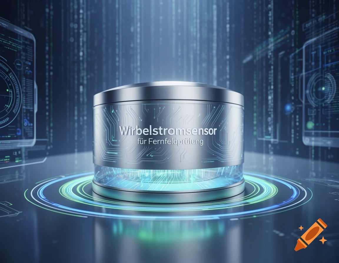 A metallic cylindrical eddy current sensor with circuit patterns and a glowing blue base, surrounded by digital light rings, in a futuristic data environment.