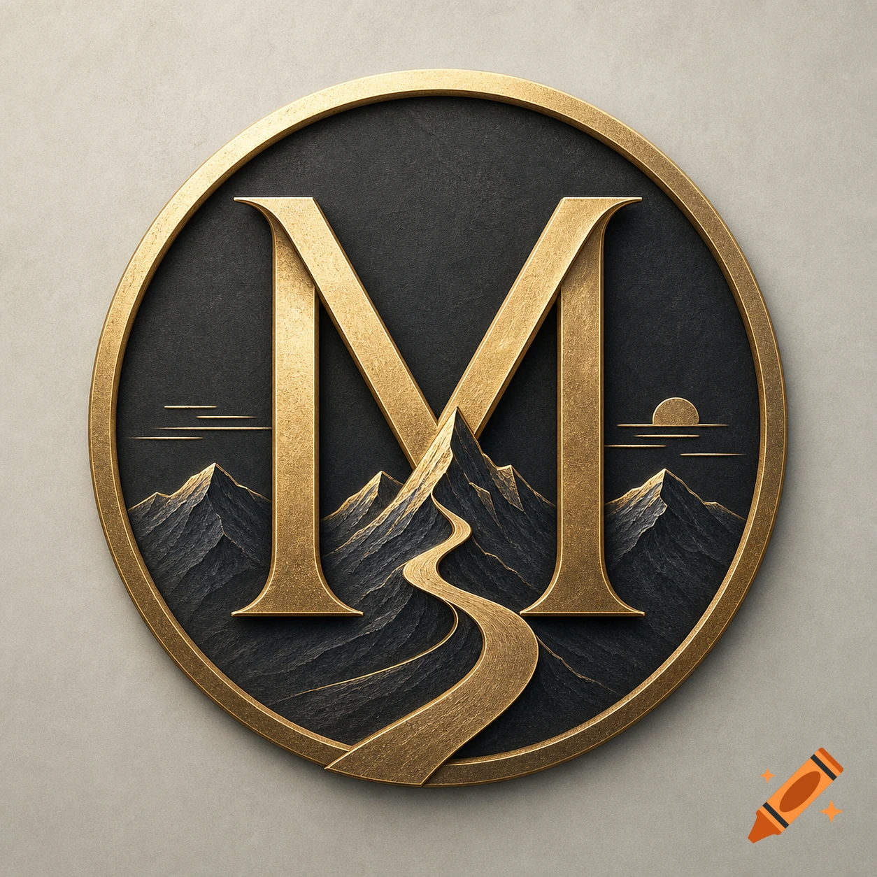 Stylized golden letter M combined with metallic mountains and a winding path inside a dark circular emblem.