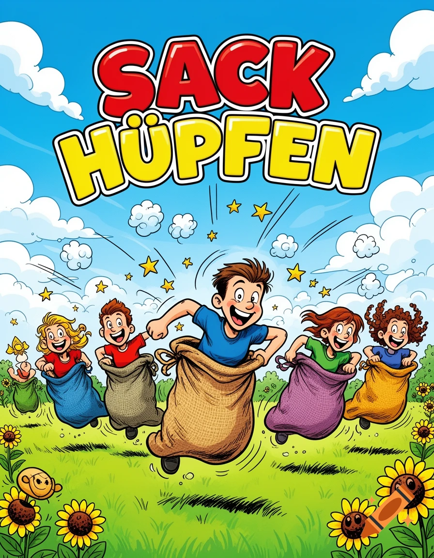 Cartoon children joyfully race in a sack hop competition on a sunny grassy field with sunflowers under text reading 'SACK HÜPFEN'.