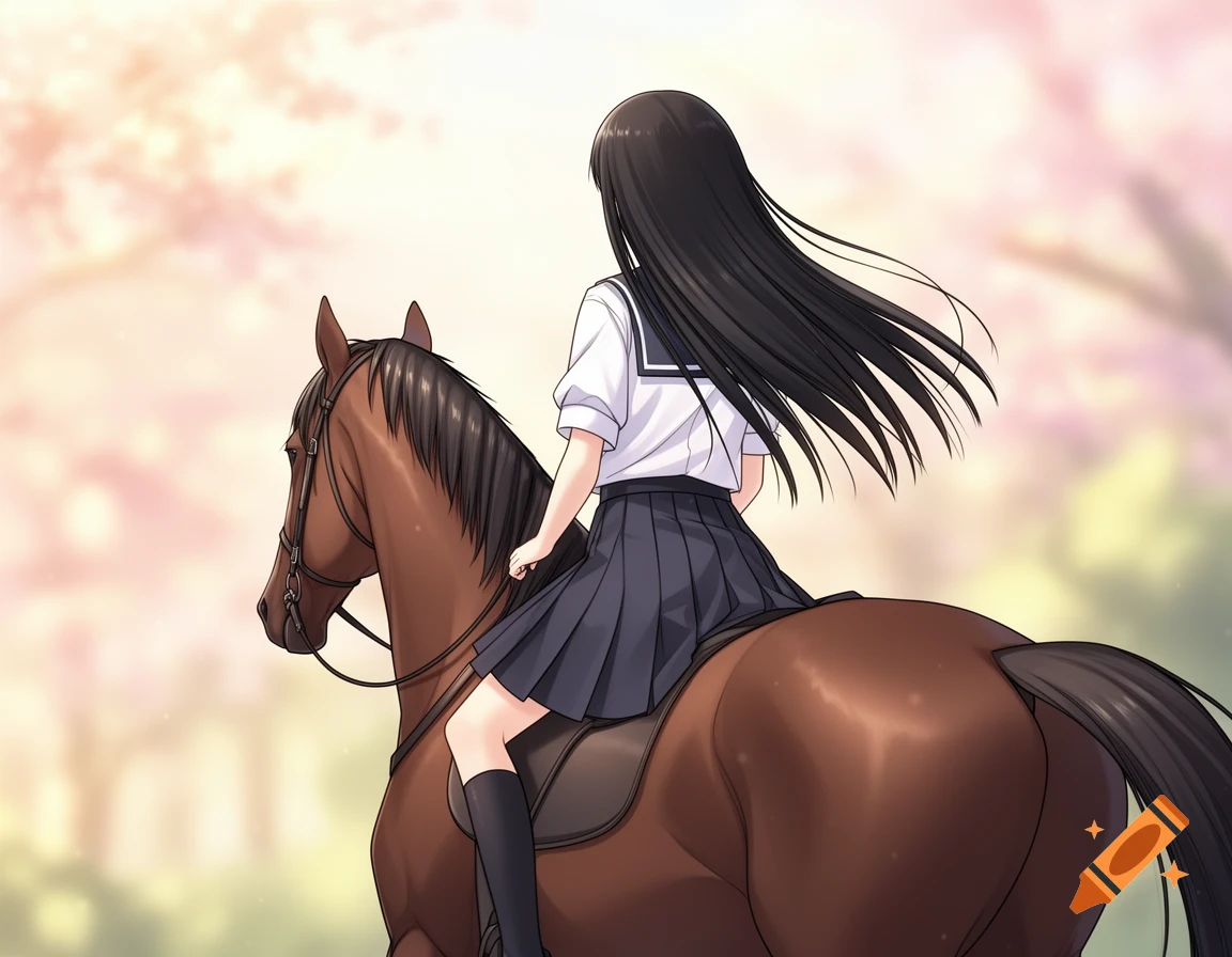 Anime girl in a school uniform riding a brown horse, viewed from the back, against a soft, light-colored background.