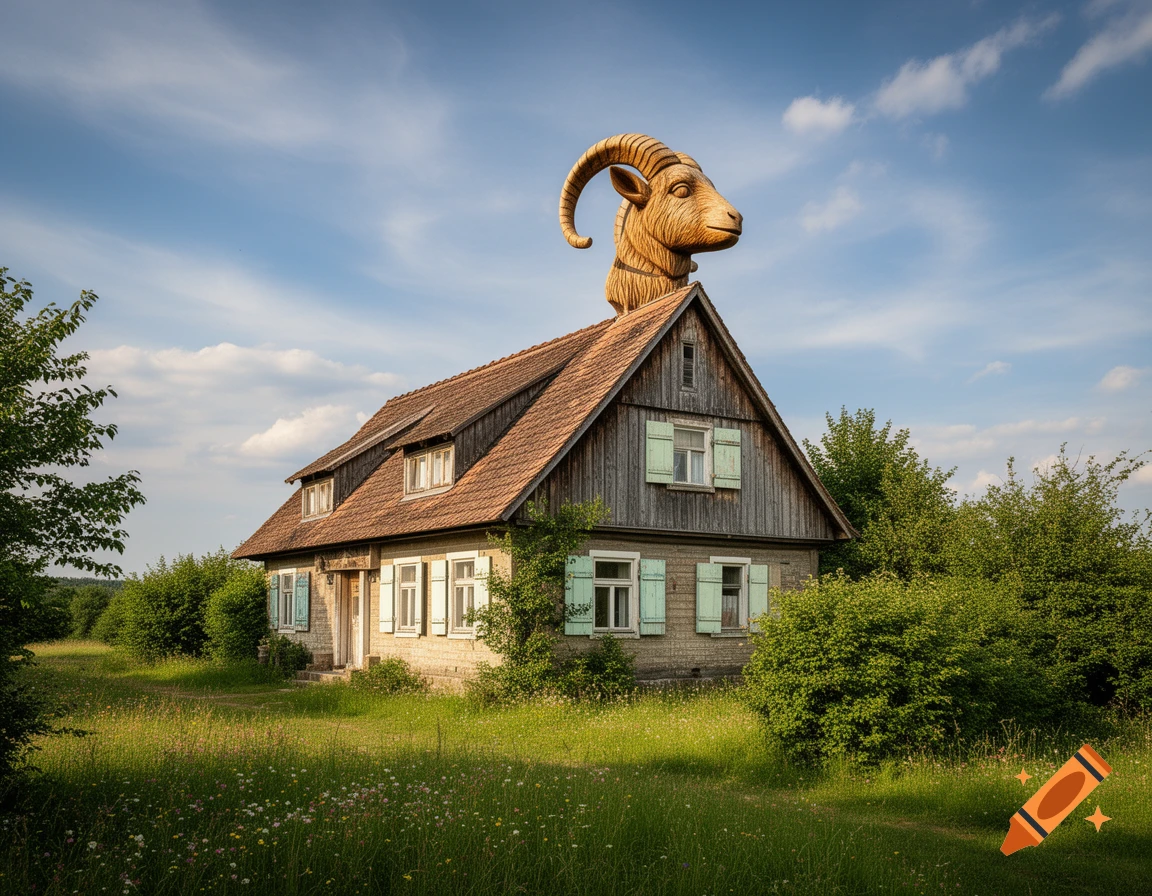 A photorealistic image of a rustic house with a large carved wooden goat head on its roof, surrounded by a green field and trees.