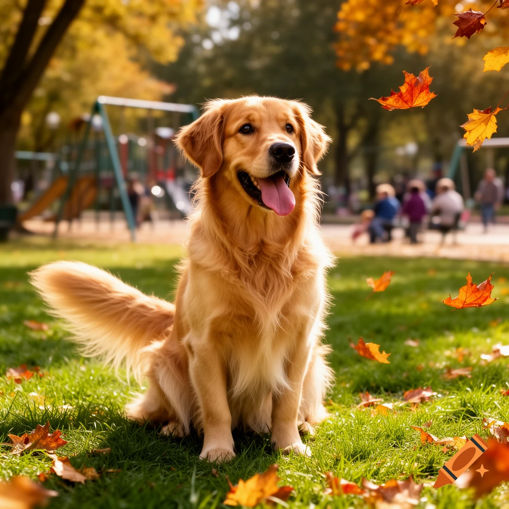 Happy Golden Retriever dog sits on green grass with falling autumn leaves in a sunny park with a playground in the background.