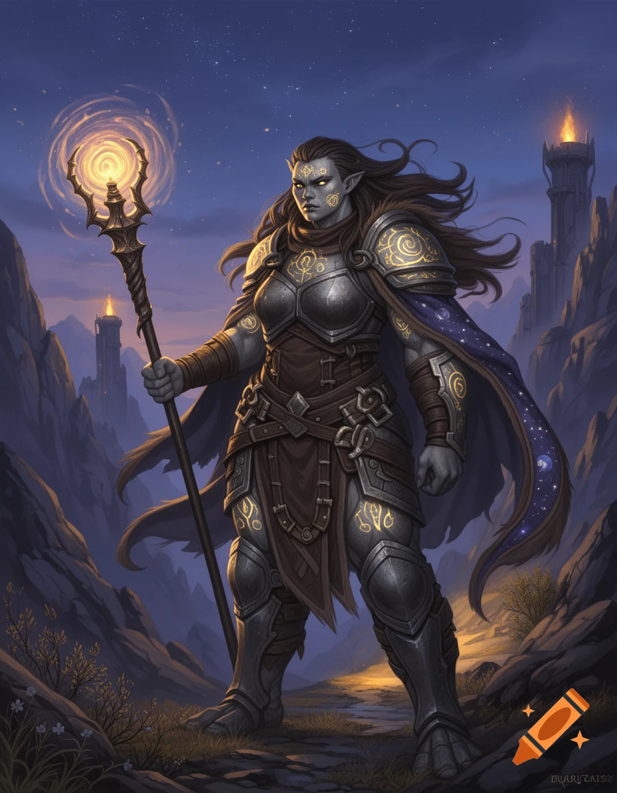 A grey-skinned female goliath warmage in ornate armor holds a glowing staff under a starry night sky, with rocky mountains and distant towers.