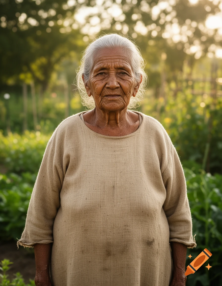 Photorealistic portrait of an elderly woman with deeply wrinkled brown skin and white hair, wearing a loose tan tunic, standing in a sunny green garden.