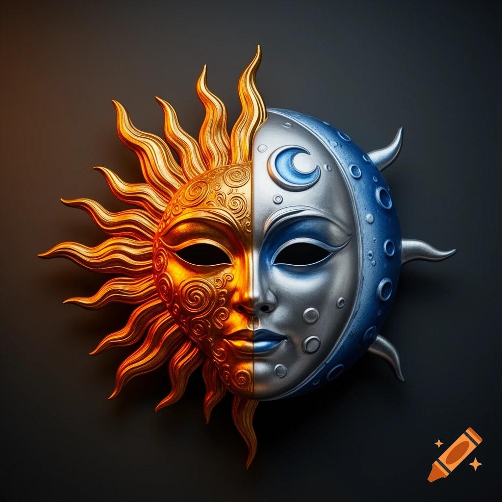 An ornate mask with one side golden, stylized as the sun, and the other silver and blue, stylized as the moon, against a dark background.