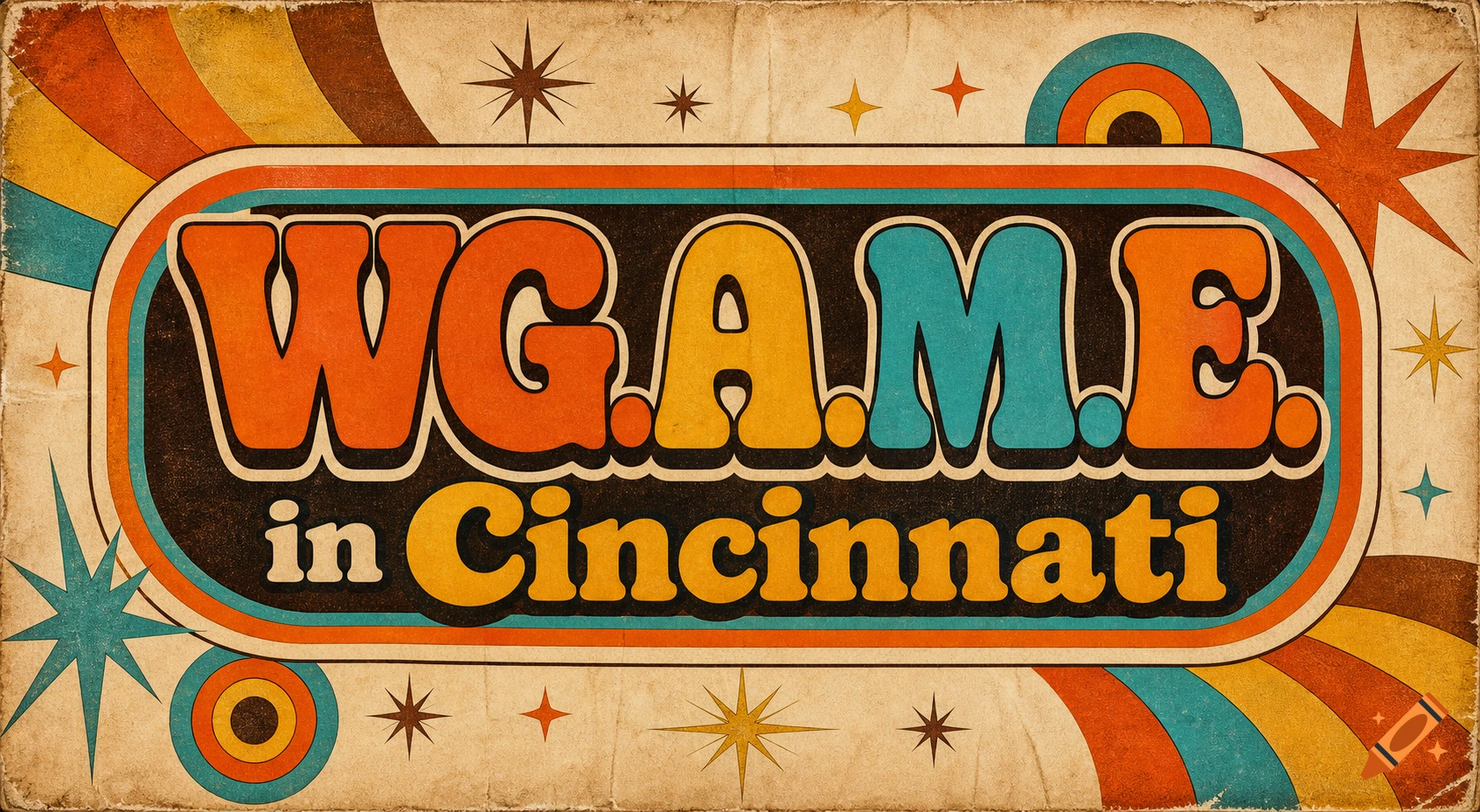 A vintage 1970s-style banner featuring the text "WG.A.M.E. in Cincinnati" in bold, colorful, rounded letters on an aged, textured background with stars and stripes.