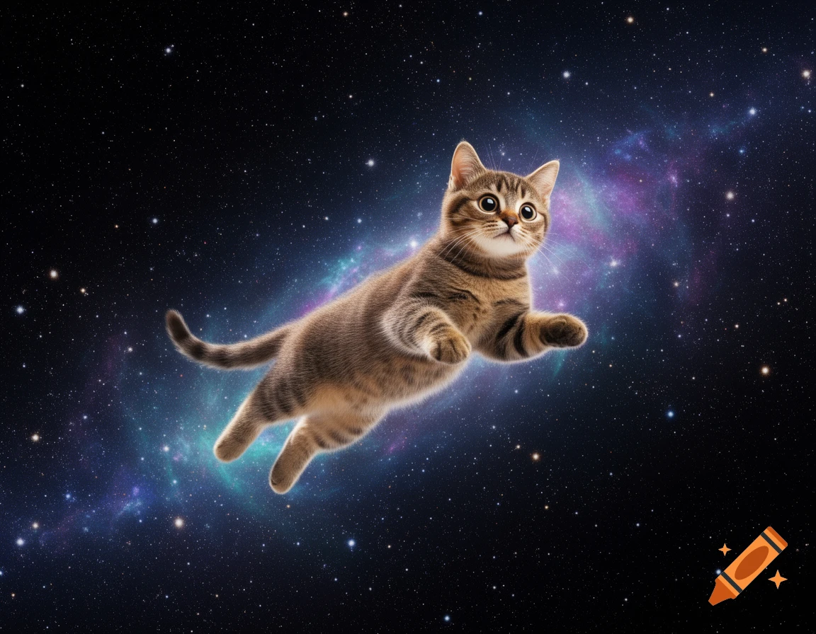 A cute tabby cat with big eyes floats in outer space, surrounded by sparkling stars and a blue and purple nebula.