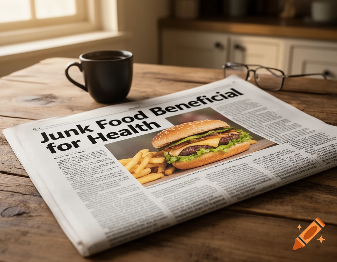 Photorealistic image of a newspaper open on a wooden table, with headline 'Junk Food Beneficial for Health', a burger and fries. Coffee mug and eyeglasses nearby.