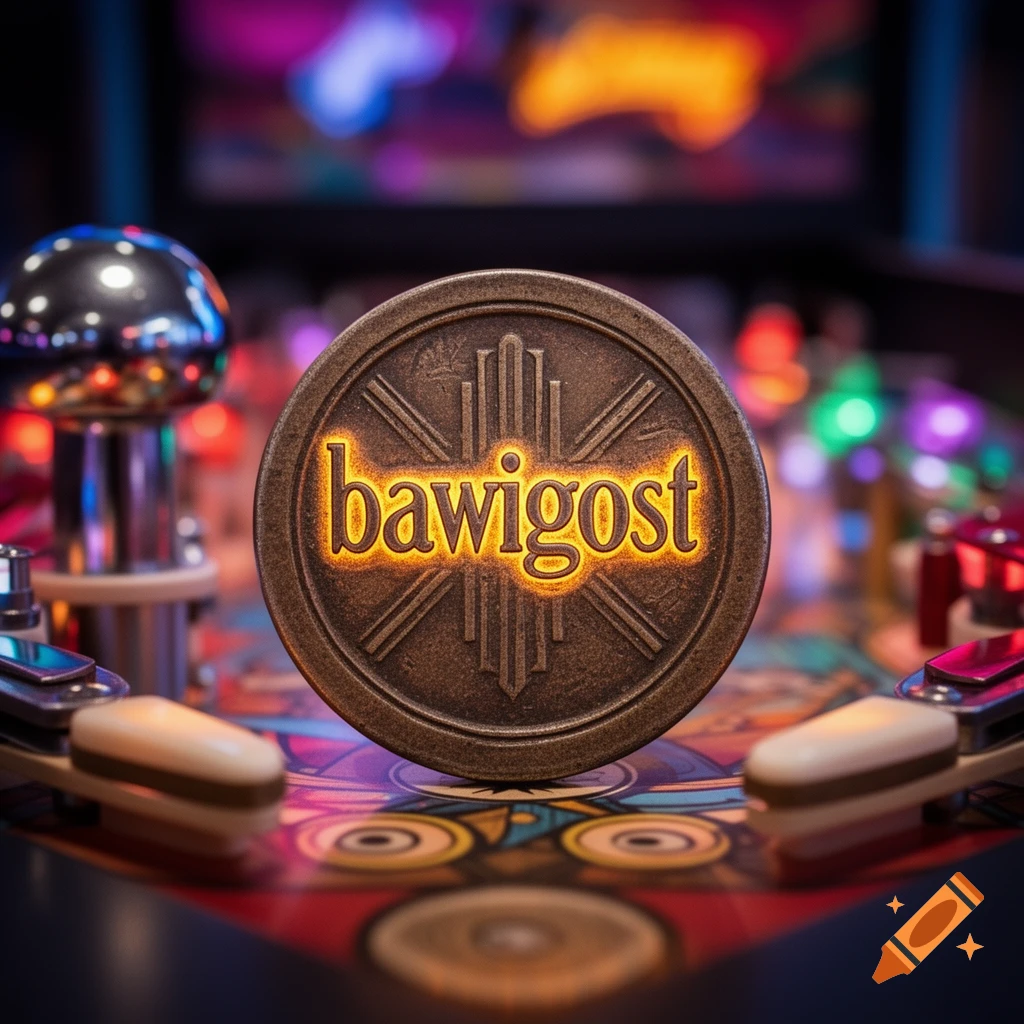 A photorealistic bronze coin with glowing 'bawigost' text sits on a pinball machine, surrounded by colorful blurred lights.