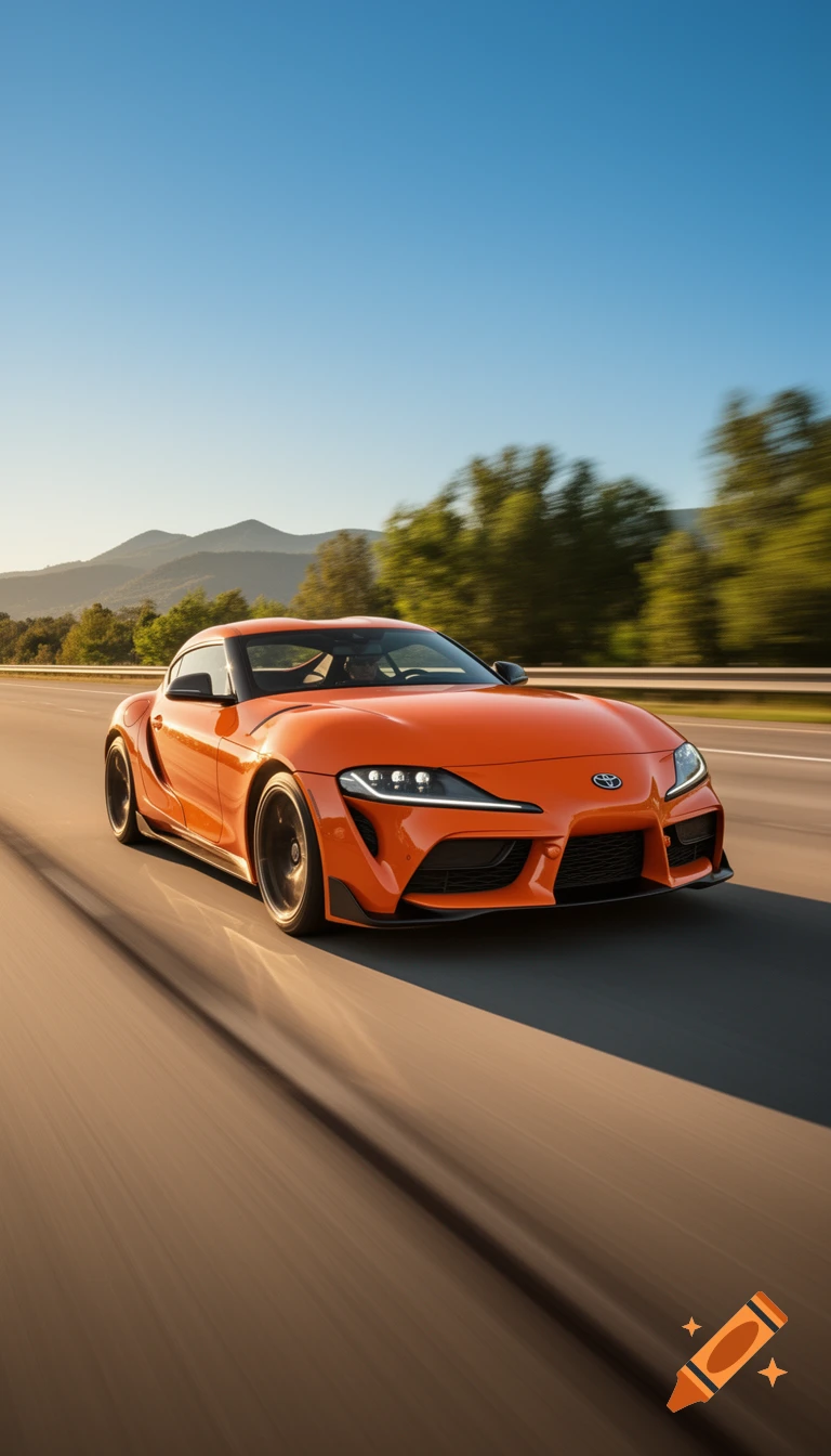 An orange Toyota Supra sports car speeds down a multi-lane highway, with blurred trees and mountains in the background under a clear blue sky.