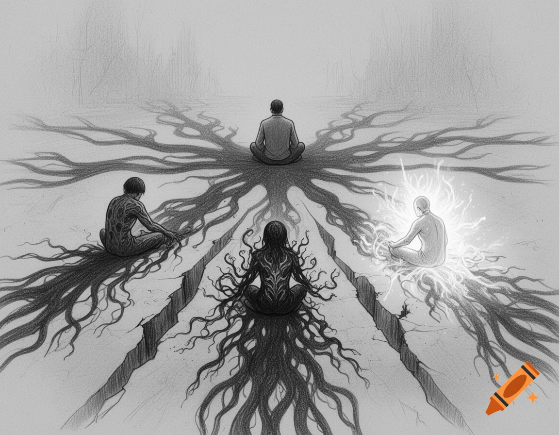 Black and white sketch of four figures on cracked ground with a network of root-like shadows; one glows with light, another is corrupted.