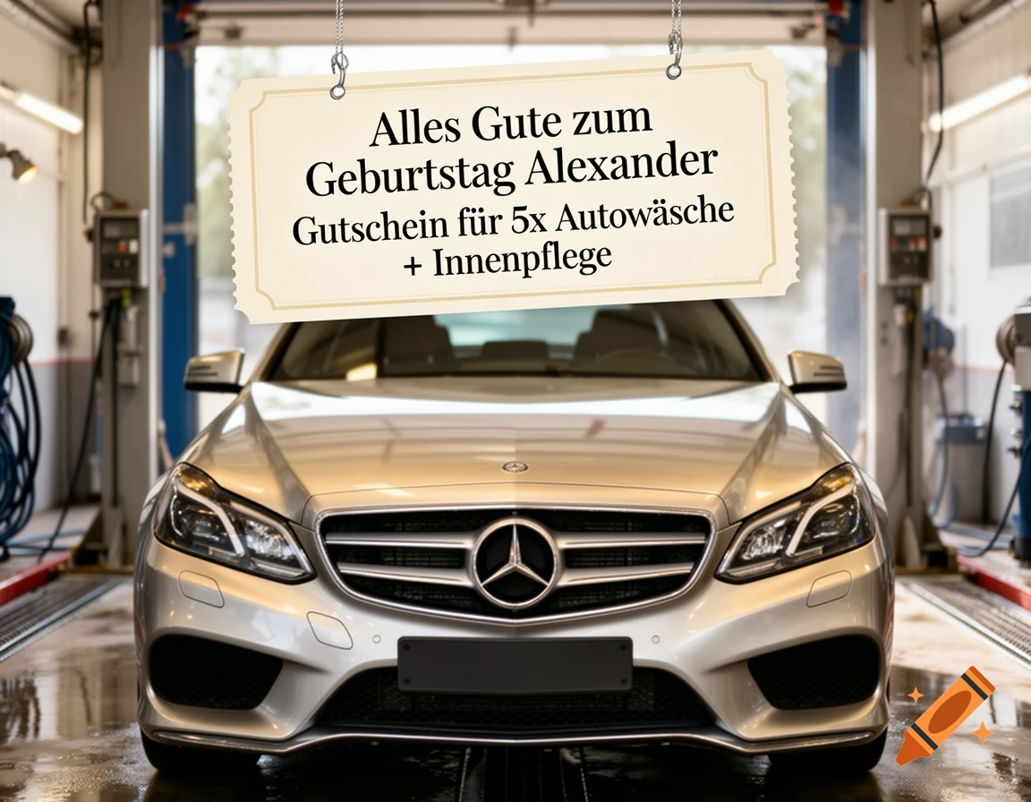 Photorealistic image of a silver Mercedes-Benz W212 in a car wash, with a hanging sign saying 'Happy Birthday Alexander, voucher for 5x car wash + interior cleaning'.