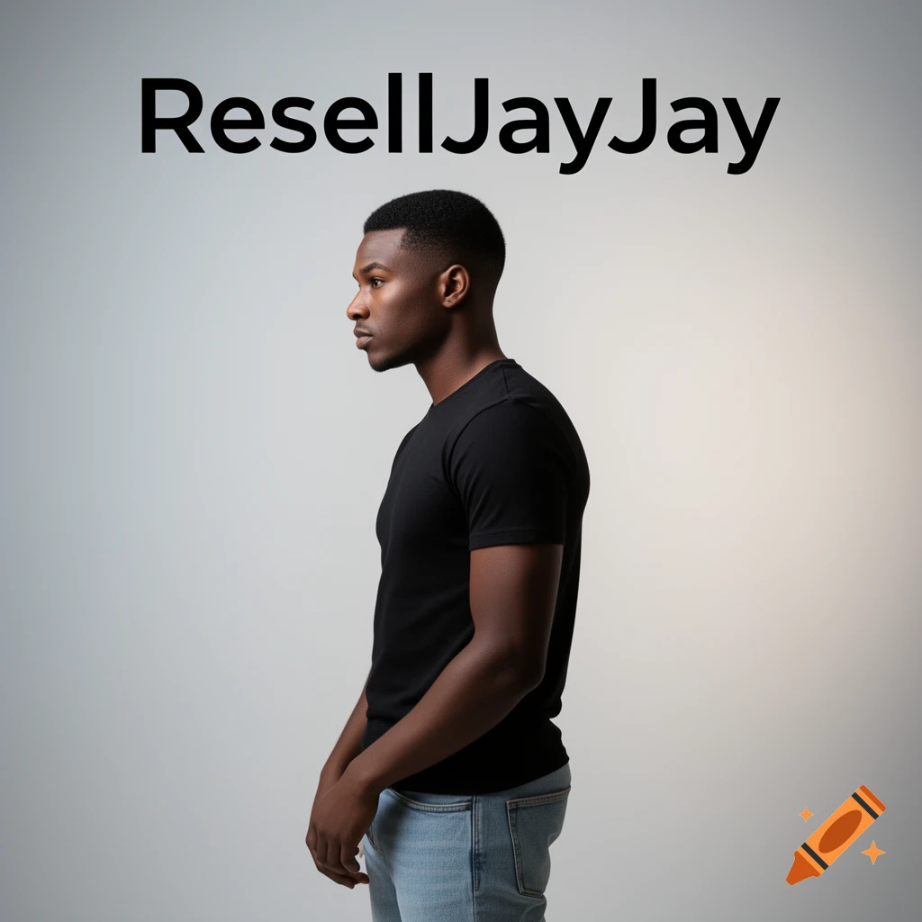 Profile view of a man in a black t-shirt and jeans, with "ResellJayJay" text above him, on a light background.