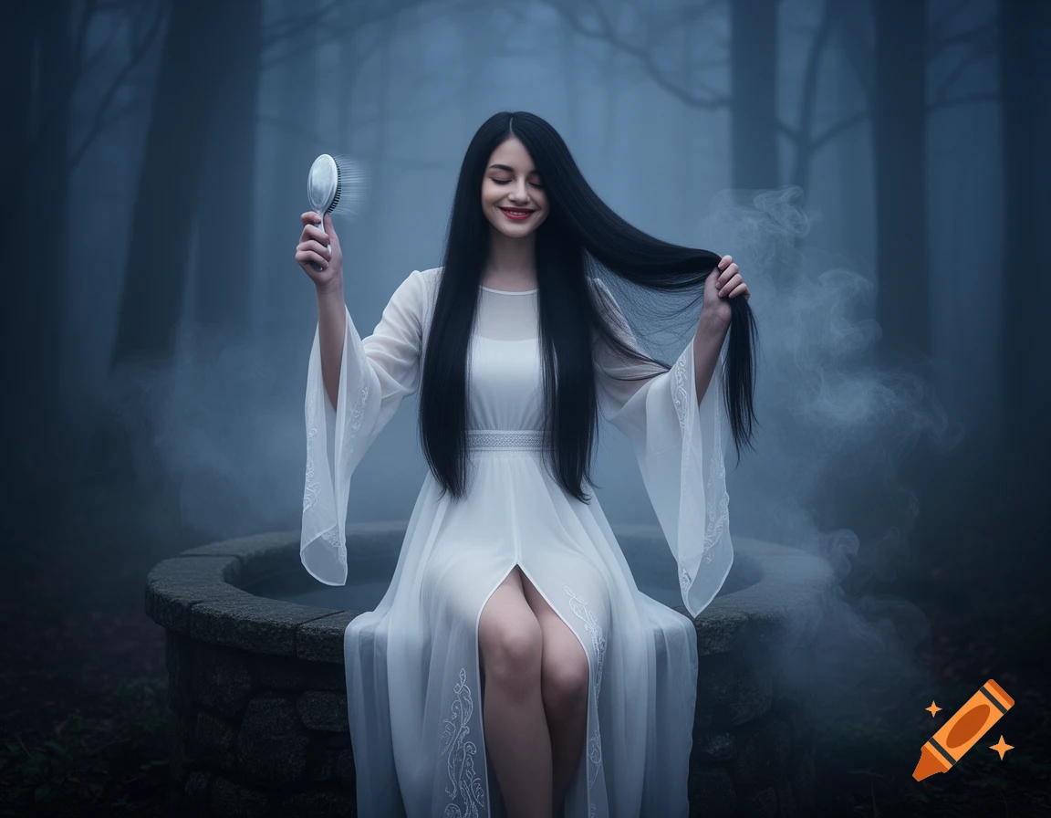 A ghost woman in a white dress sits on a stone well in a dark, foggy forest, brushing her long black hair.