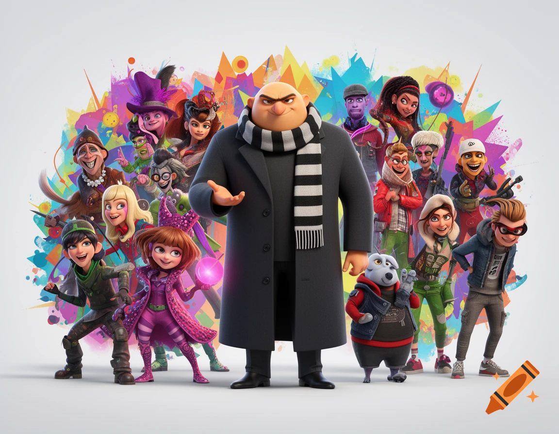 A diverse group of animated characters, including a Gru-like man in a black coat, against a vibrant, abstract background.