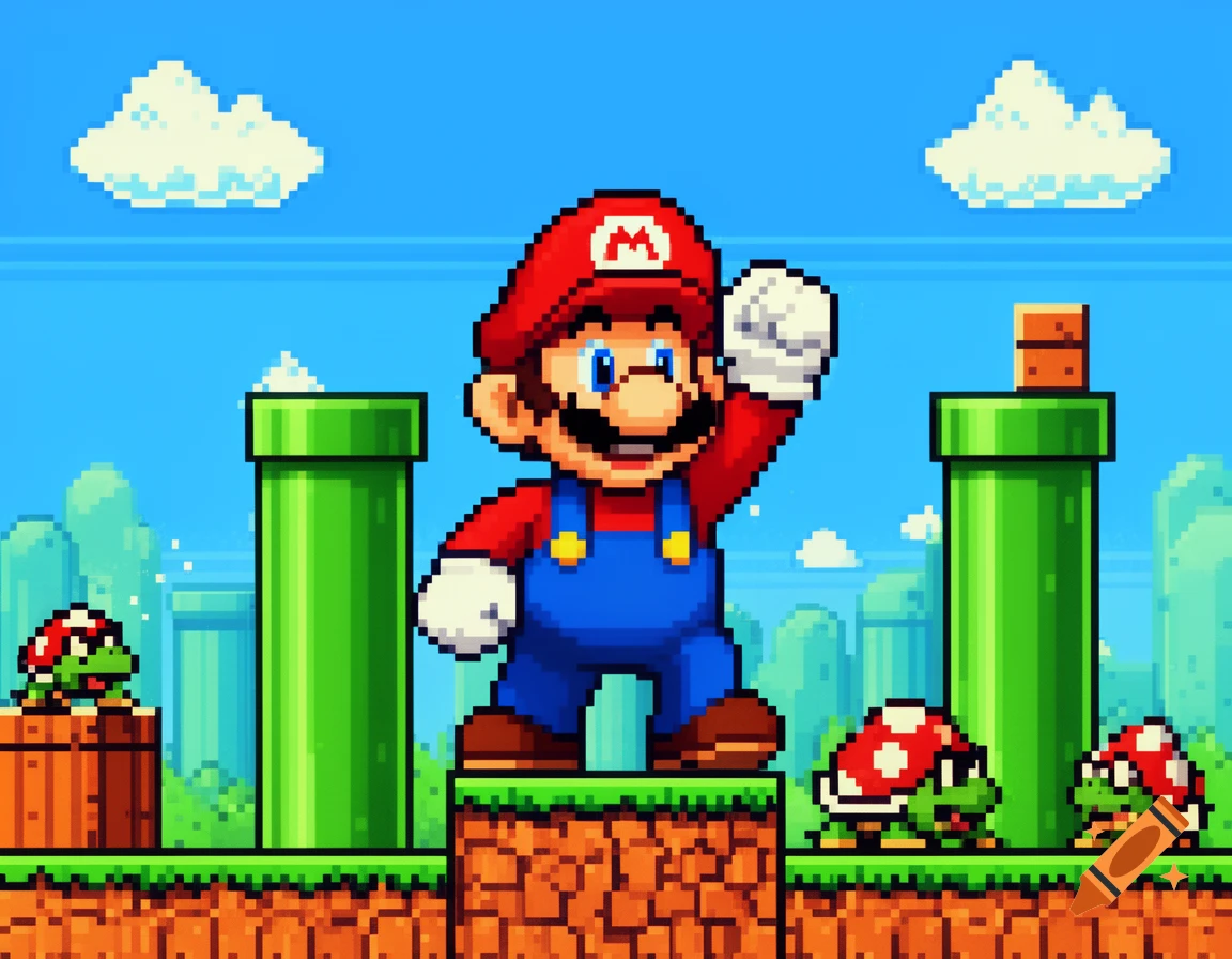 Pixel art image of Mario raising his fist, standing on a block between green pipes, with two Koopa Troopas nearby in a bright blue sky level.