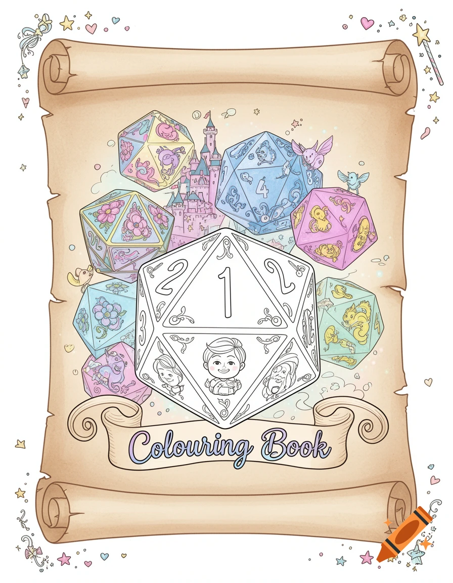 A cute, pastel-colored D20 dice coloring book cover on a scroll, featuring a large D20 with cartoon faces, smaller D20s with various designs, and a castle in the background. The text "Colouring Book" is at the bottom.