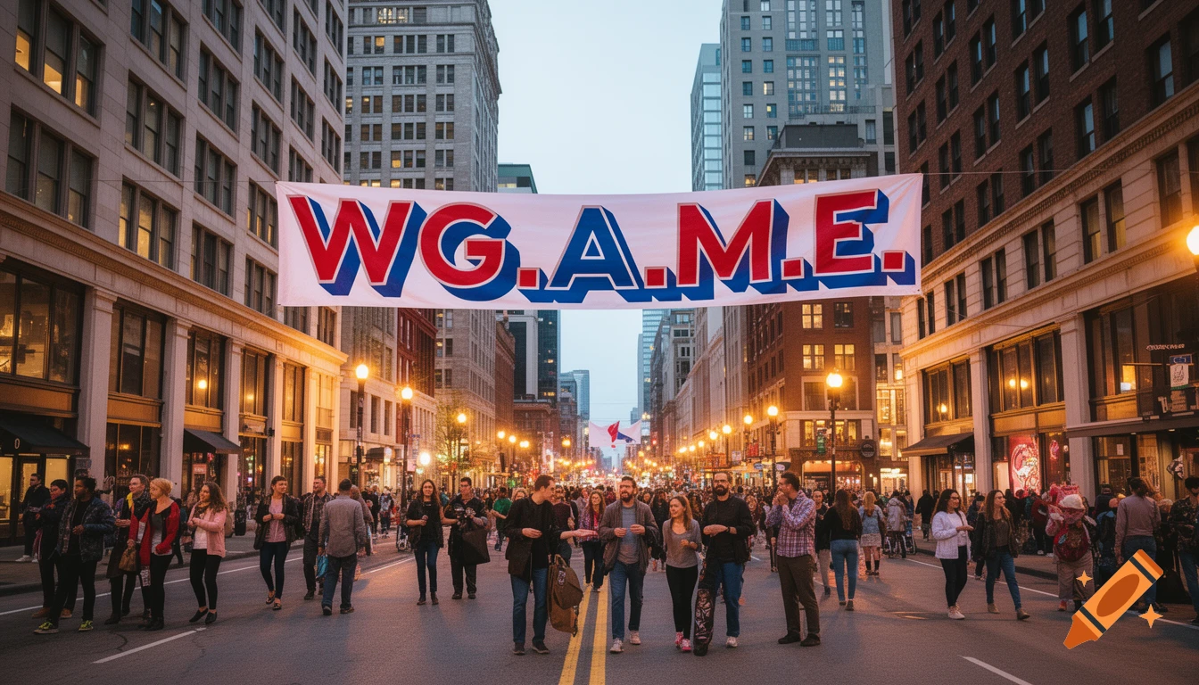 A crowd walks down a city street at dusk, lined with buildings and streetlights, under a banner reading 'WG.A.M.E.'