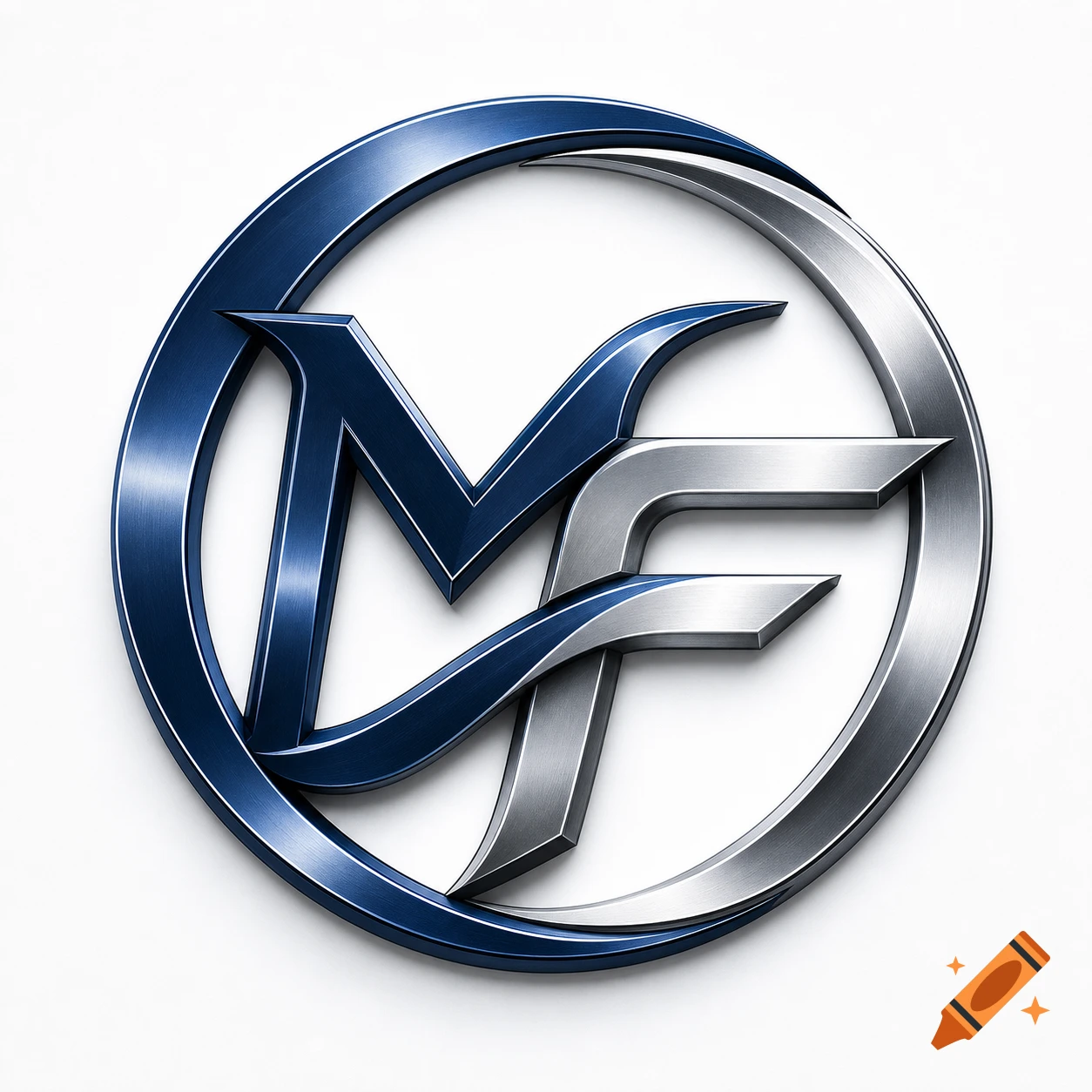 Metallic blue and silver logo featuring stylized, intertwined letters 'M' and 'F' within a circular outline on a white background.