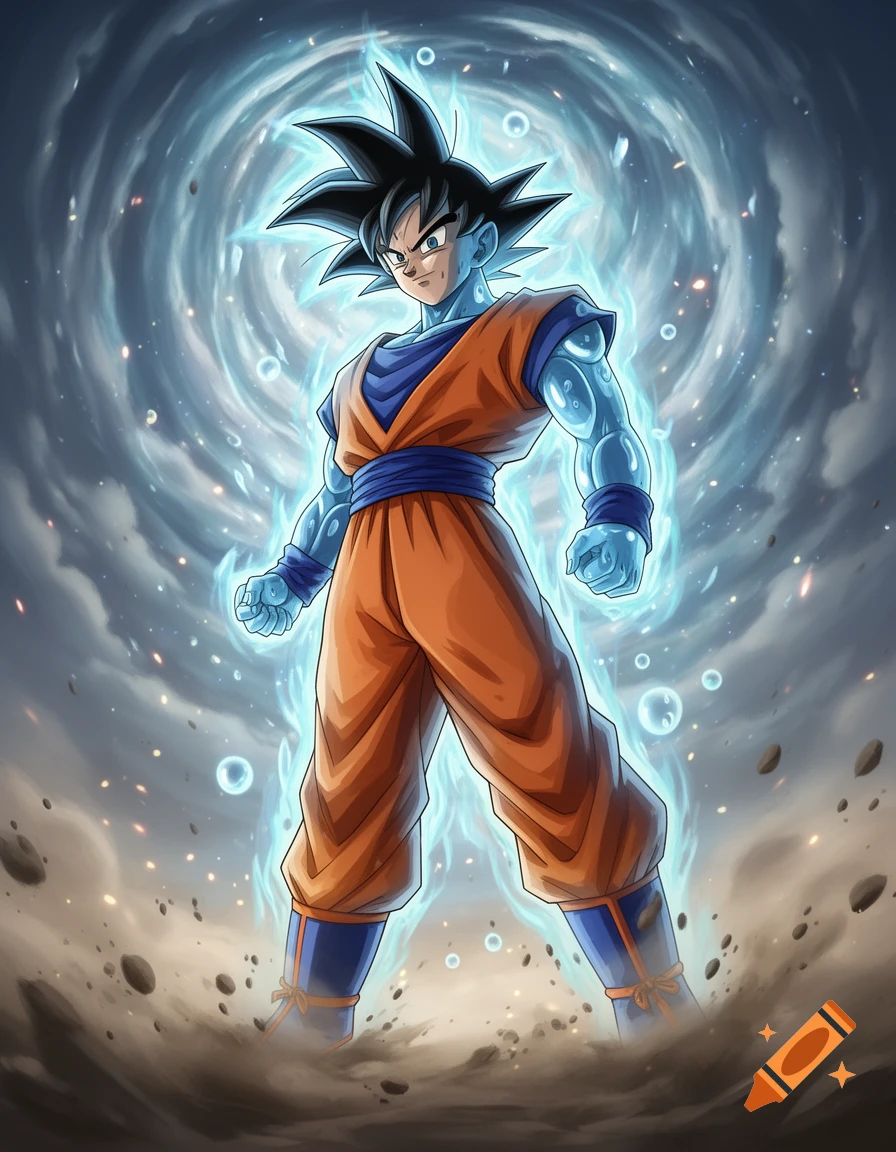 Goku with spiky black hair, wearing an orange gi, stands amidst swirling blue energy and debris, in an anime style.