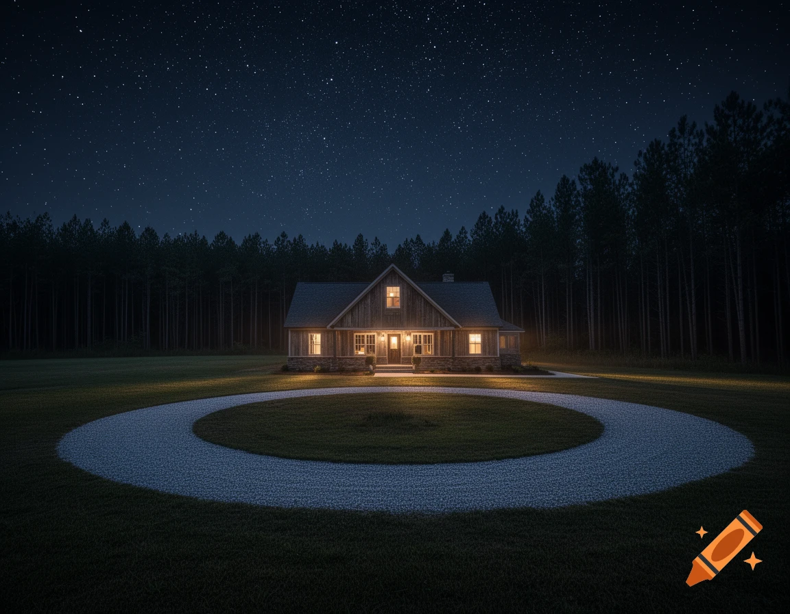 Photorealistic farmhouse with warm glowing windows under a starry night sky, a circular gravel driveway, and a dark pine forest.