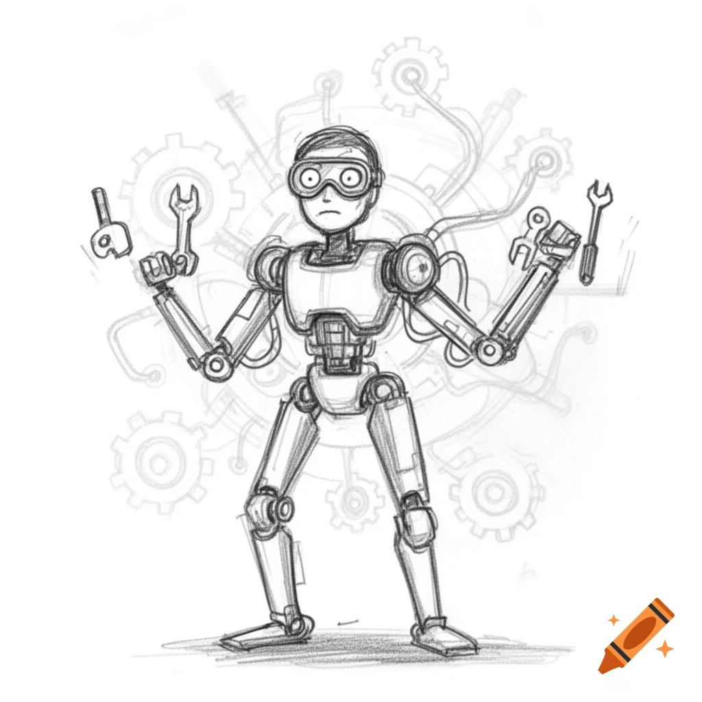 A pencil sketch of a humanoid robot mechanic holding a wrench and another tool, with faint gears in the background.