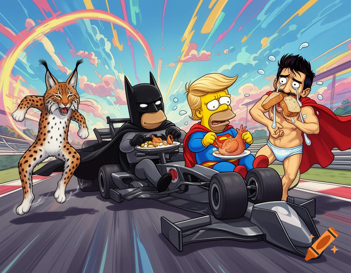 A cartoon showing Batman and Homer Simpson as Superman in an F1 car eating chicken, a dancing lynx, and a shirtless man in briefs crying while eating bread on a race track.