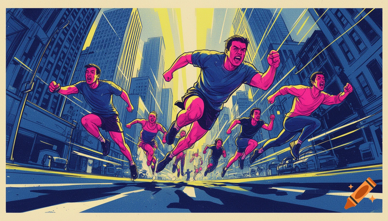 Stylized graphic illustration of multiple runners sprinting through a city street in a risograph poster style.