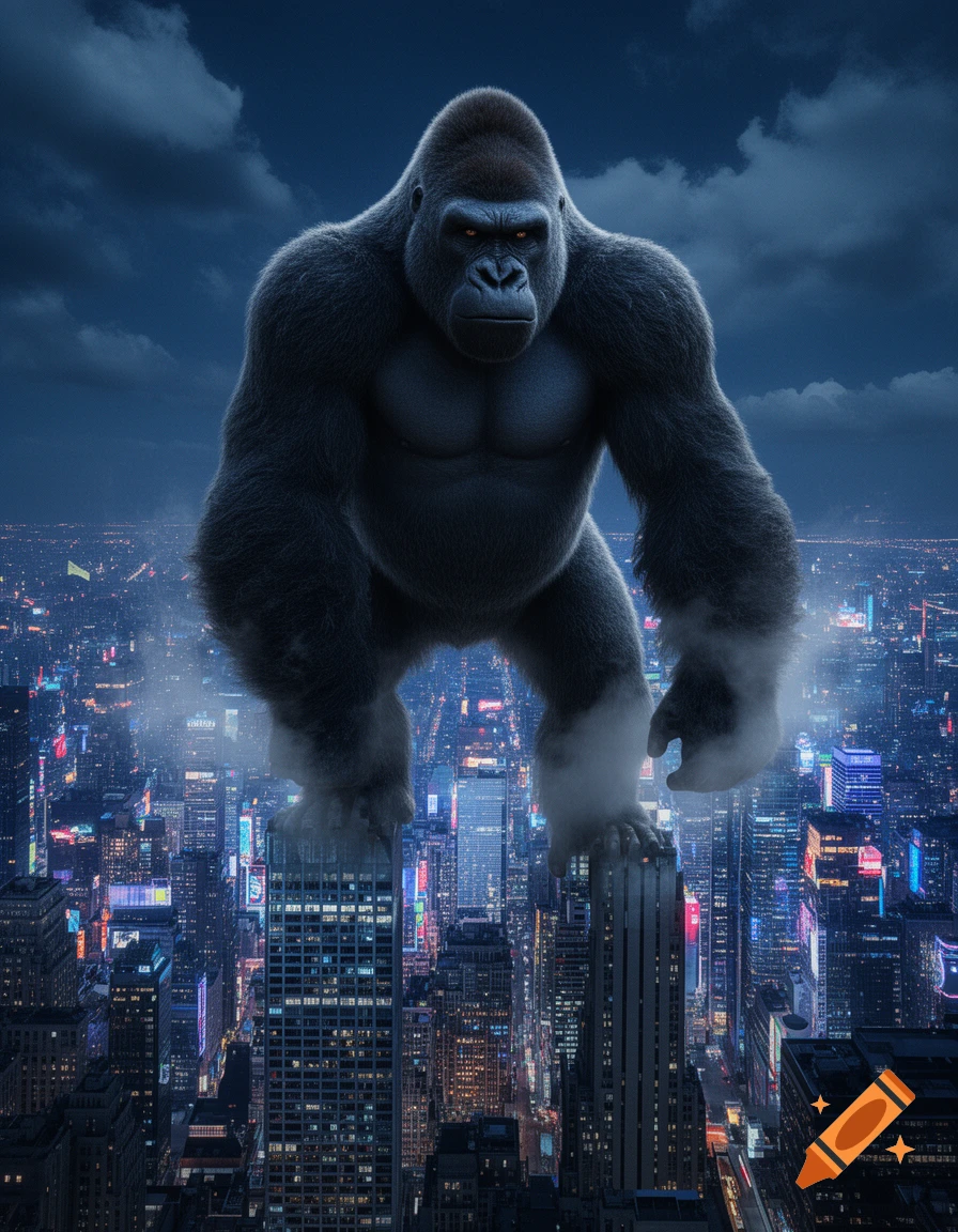 A colossal, muscular gorilla stands atop illuminated skyscrapers in a vibrant city at night under a cloudy sky.