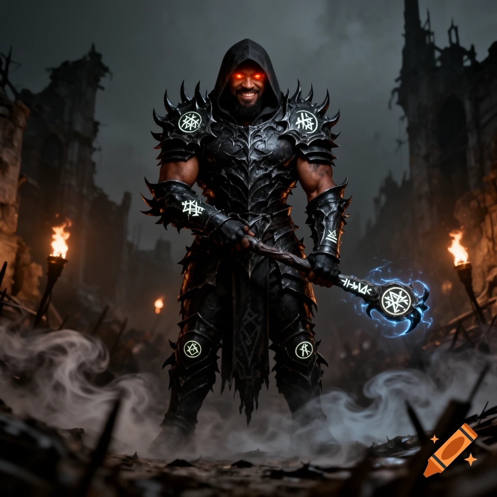 A dark fantasy warlock in spiky black armor with glowing red eyes and a hood, wielding a staff with a glowing blue pentagram, stands in a ruined, smoky setting.