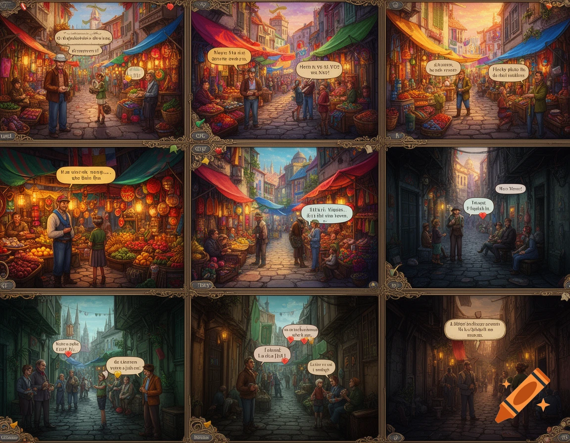 A 3x3 grid of nine comic book panels depicting medieval-style market streets with people, stalls, and speech bubbles containing garbled text.