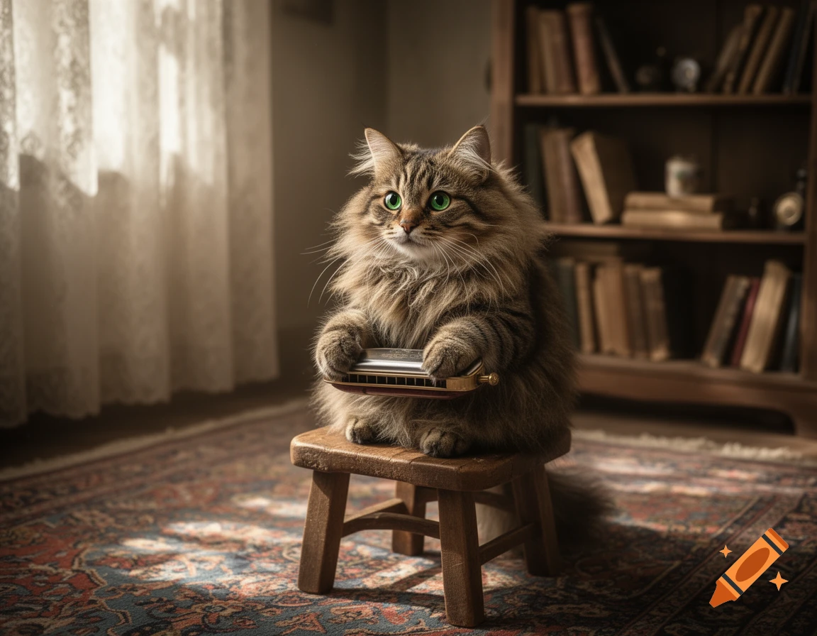 A fluffy brown tabby cat with green eyes sits on a stool, playing a harmonica in a cozy room with a bookshelf.