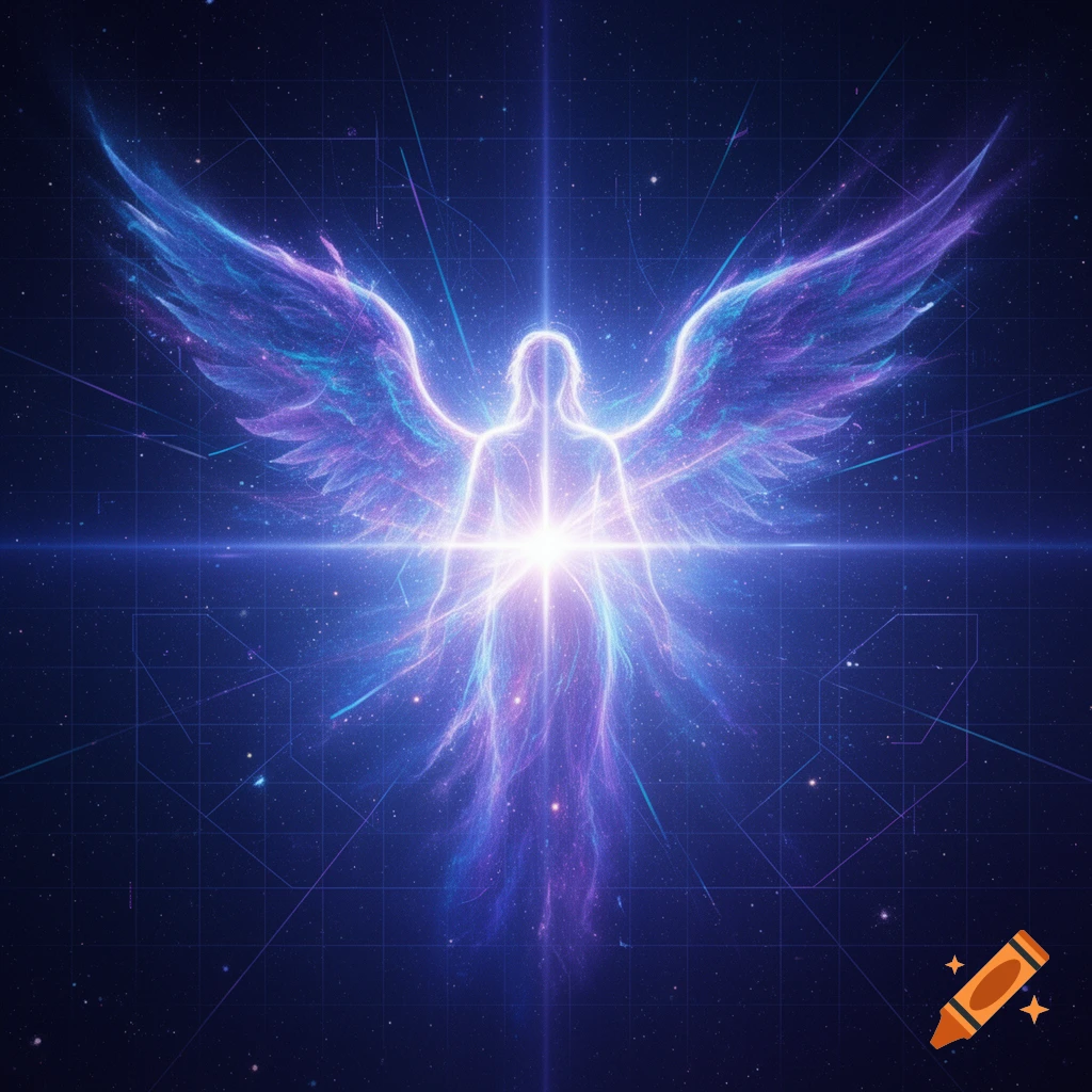 A radiant, ethereal angelic figure with glowing wings stands in a deep blue and violet cosmic space with abstract geometric lines.