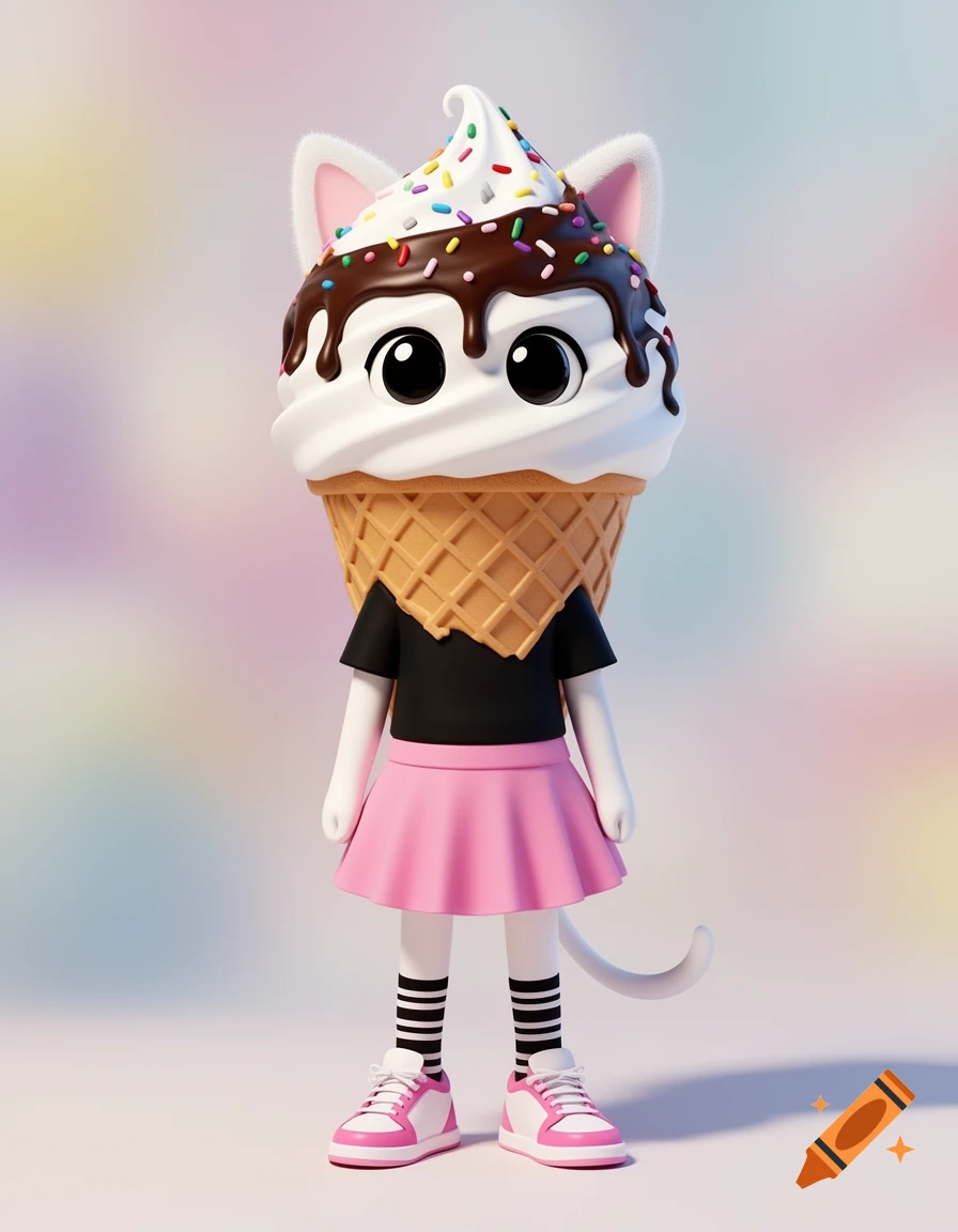 A cute cartoon character with an ice cream cone head and cat ears, wearing a black t-shirt, pink skirt, and sneakers.