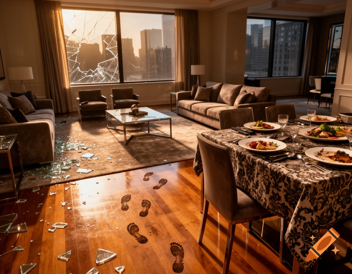 A luxurious room, possibly a crime scene, with a shattered window, scattered glass, and muddy footprints on a polished wooden floor.