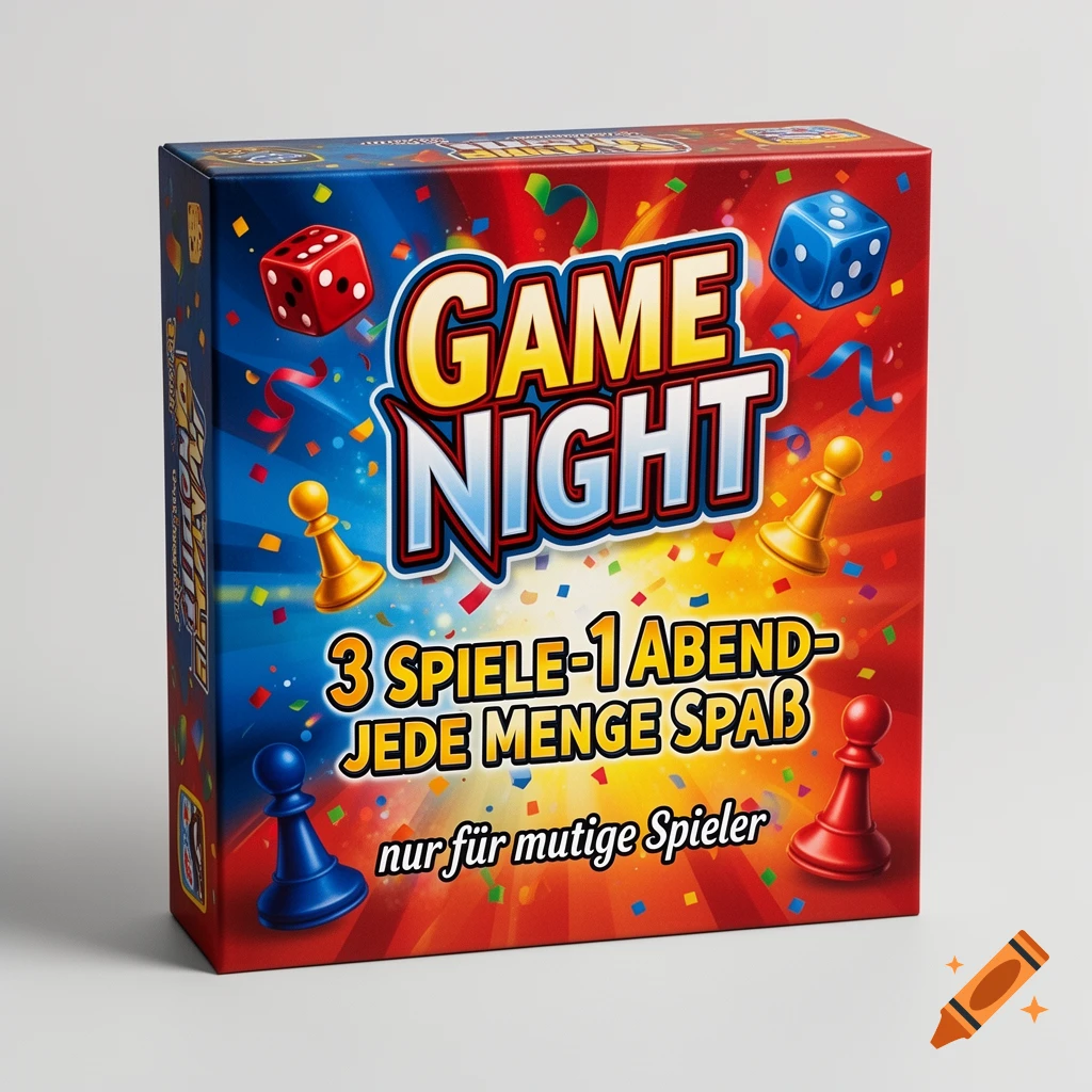 A colorful board game box titled 'Game Night' featuring red and blue dice and various colored pawns.