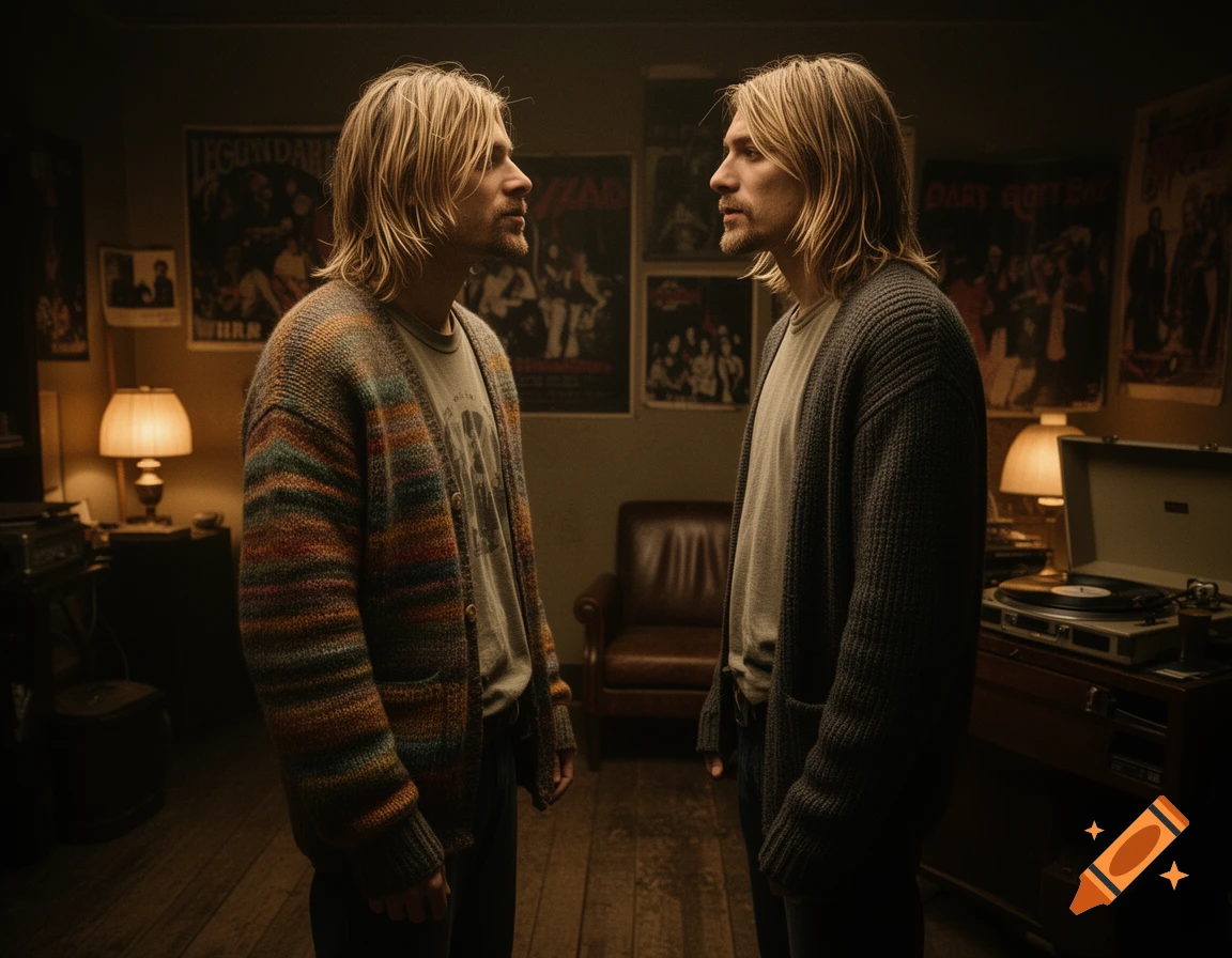 Two long-haired men resembling Kurt Cobain face each other in a dimly lit room with music posters and a record player.