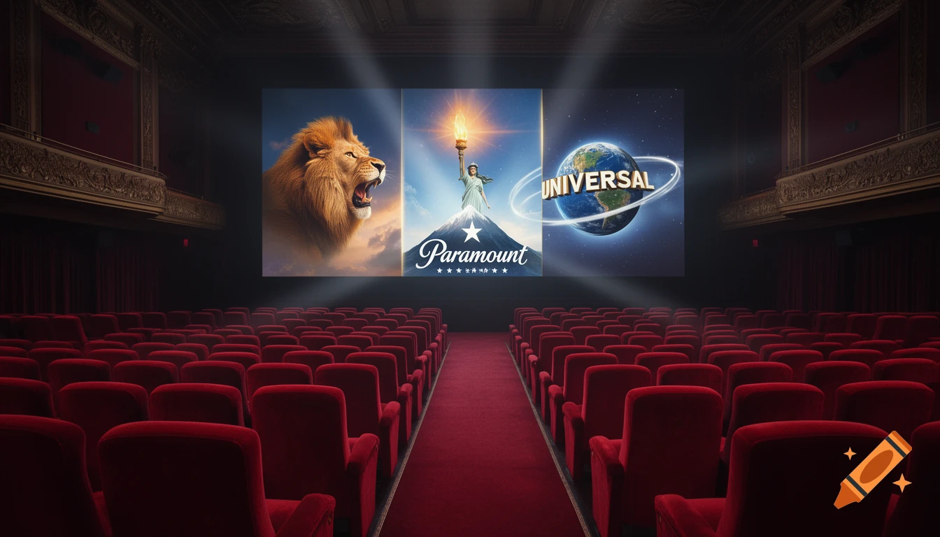 An empty red velvet movie theater auditorium with a large screen displaying logos for MGM, Paramount, and Universal studios, bathed in projector light.