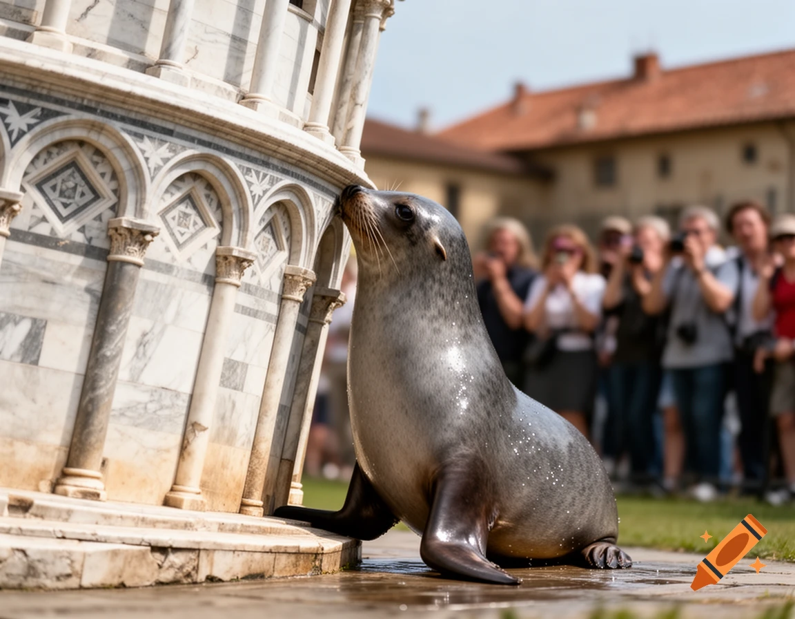 A photorealistic image of a seal leaning against the Leaning Tower of Pisa, with blurred tourists in the background.