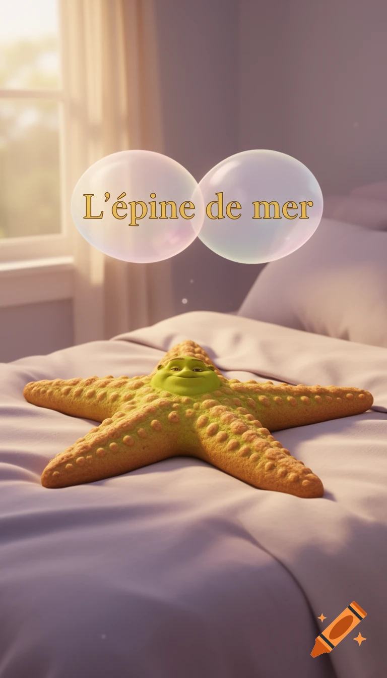 A cartoon biscuit starfish with Shrek's face lies on a bed, with 'L'épine de mer' written in bubbles above it.
