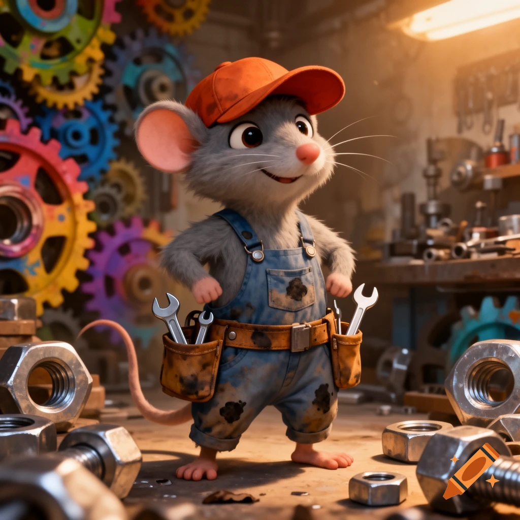 A cute cartoon mouse wearing a red cap and denim overalls with a tool belt, standing in a workshop surrounded by gears and nuts.